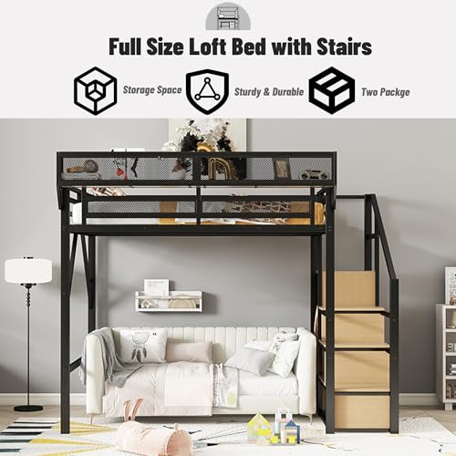 Black Full Size Loft Bed with Desk and Stairs, Steel Frame S894
