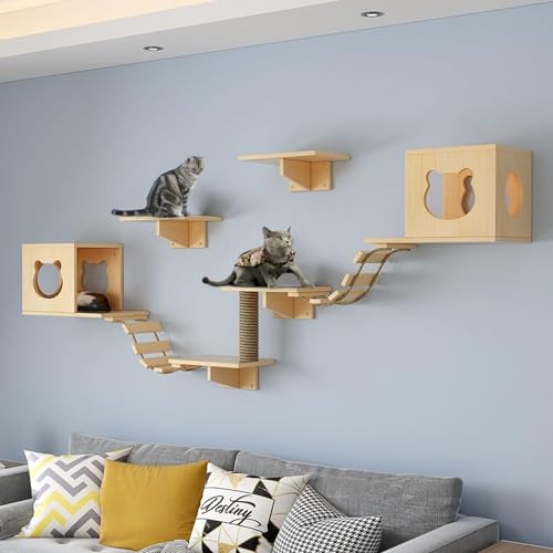 Pine Wooden Cat Wall Shelves with Scratching Post G940953