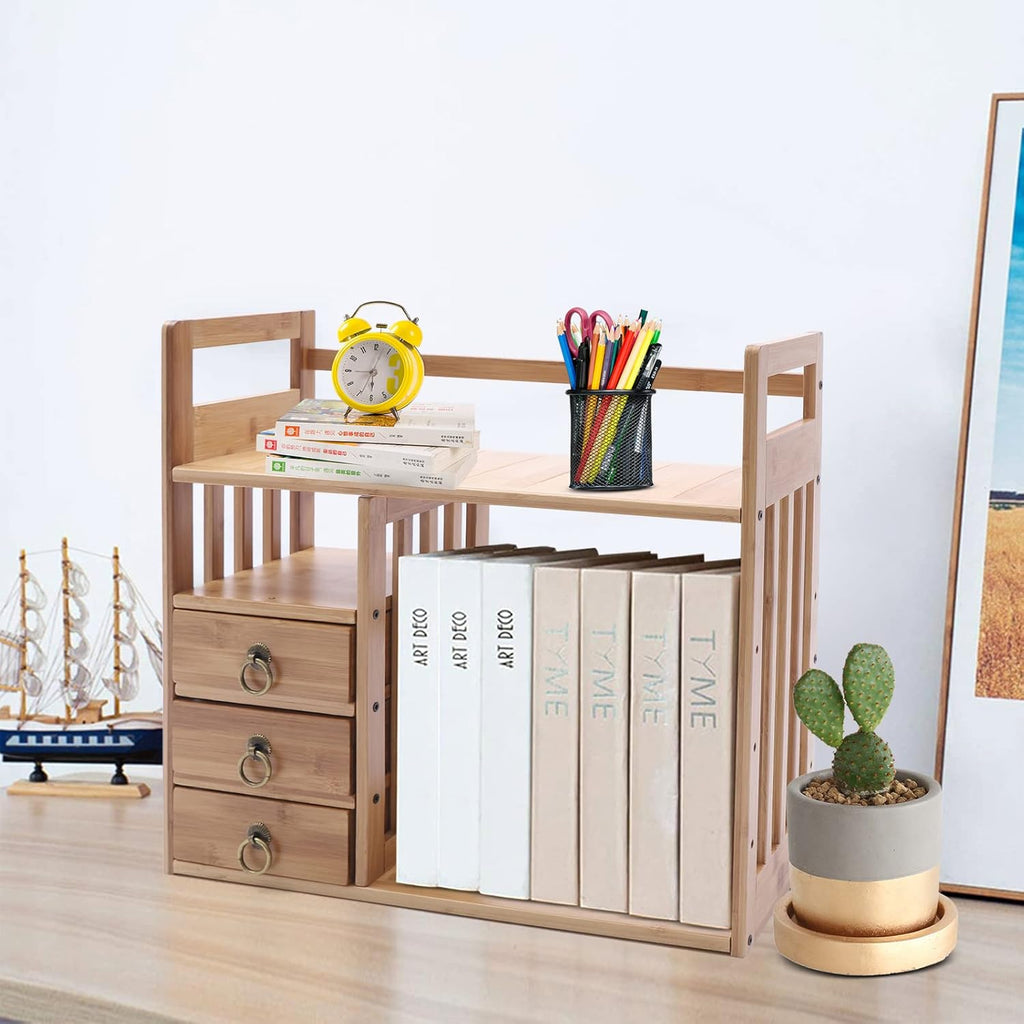 Natural Bamboo Desk Shelf Organizer with 3 Drawers F1705