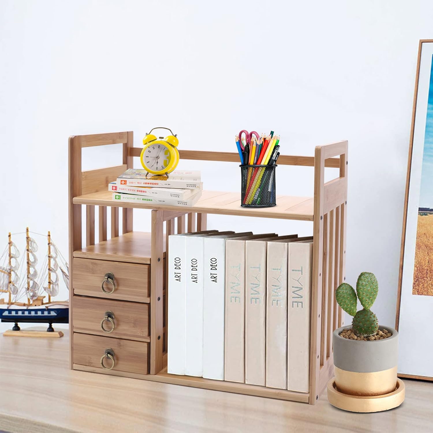 Natural Bamboo Desk Shelf Organizer with 3 Drawers F1705