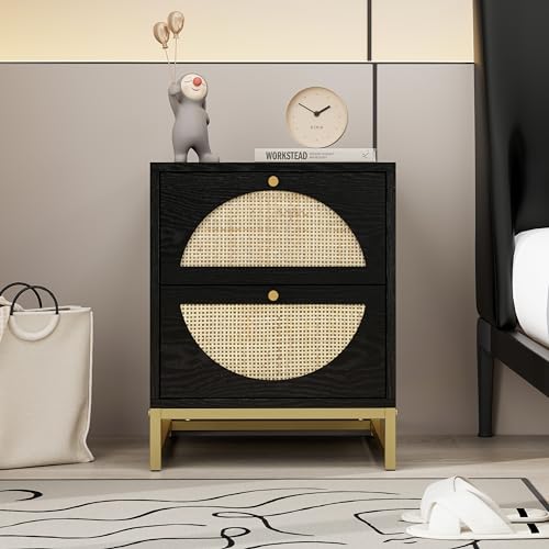 Black 2-Drawer Rattan Wood Nightstand I8215