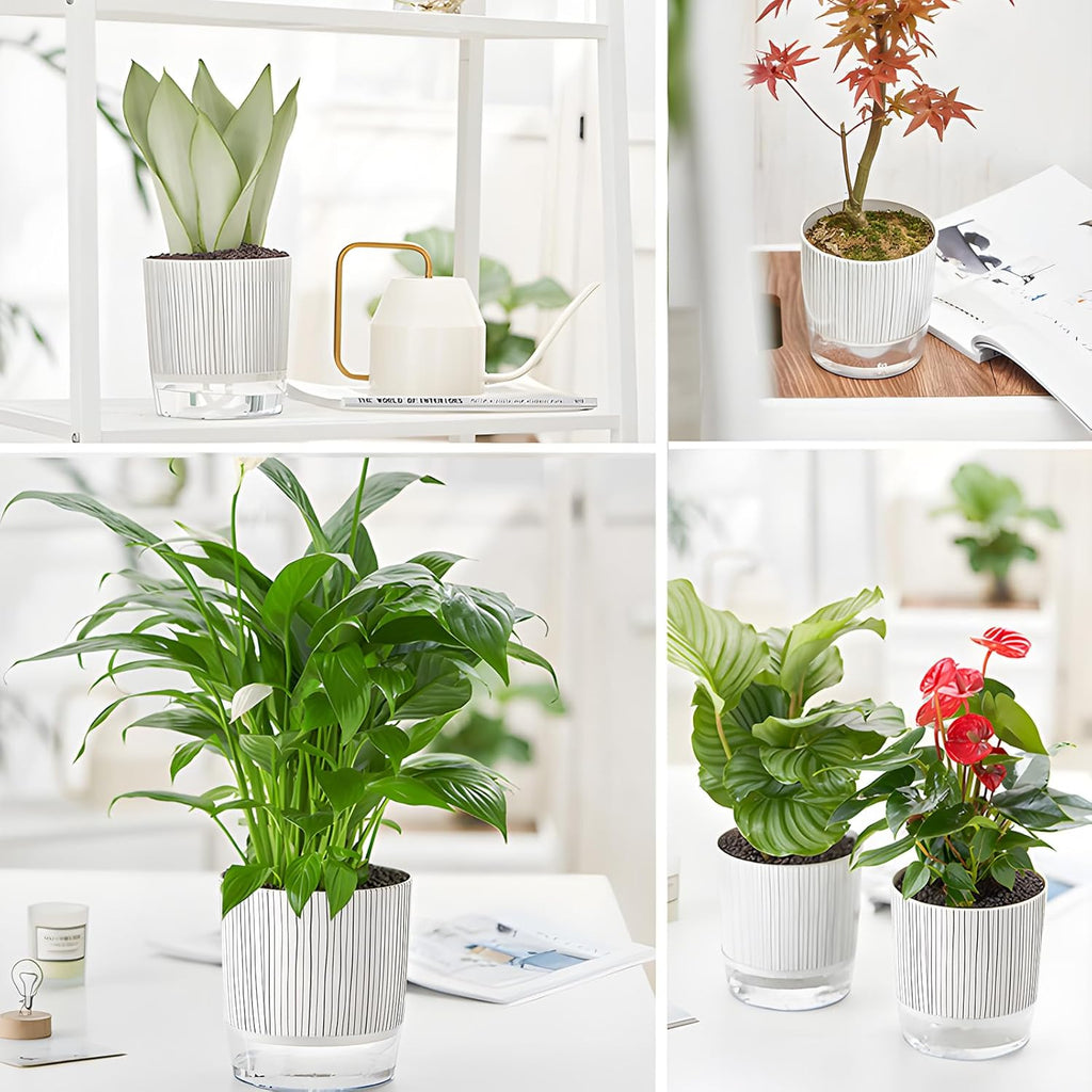 4 Pack Self Watering Pots, 4.3+5.5 Inch Planter Pot with Wick Rope and Reservoir S17573