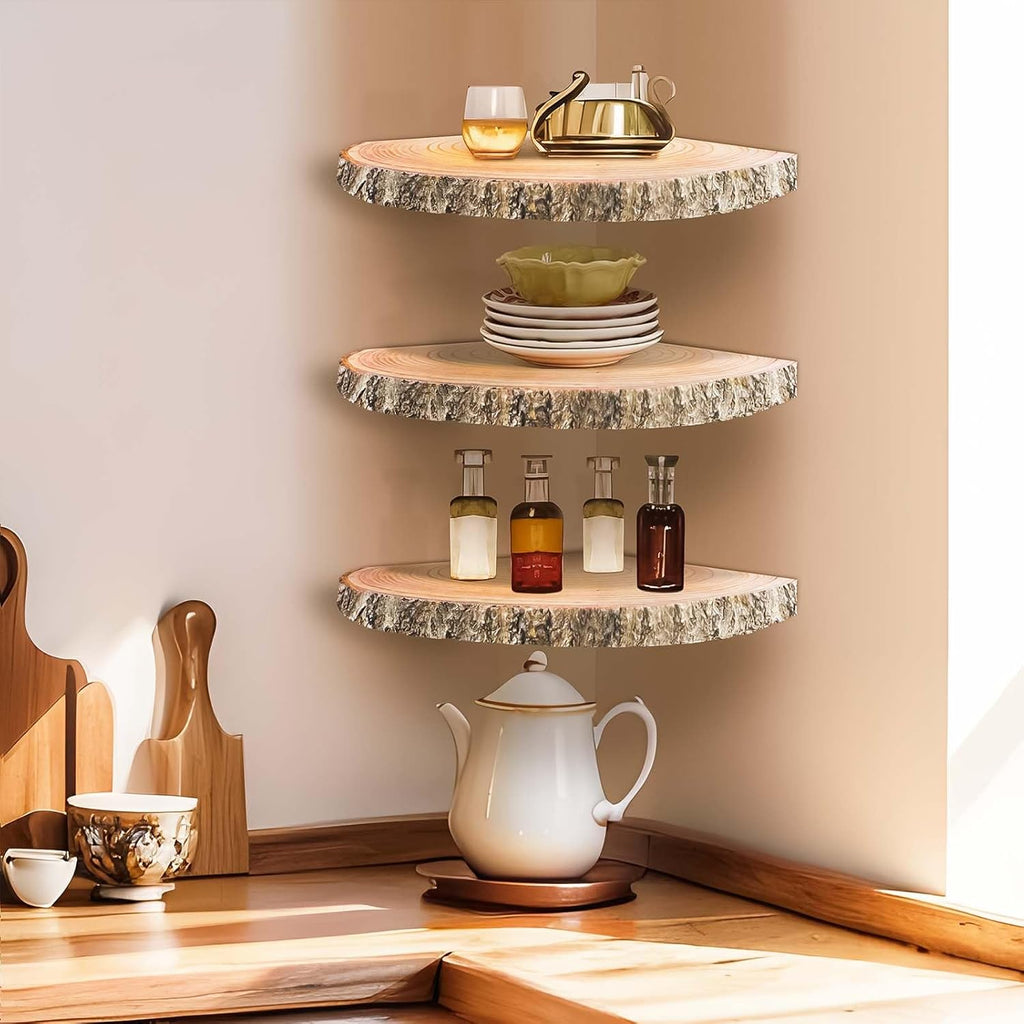 3Pcs Rustic Wood Corner Floating Shelves W7713