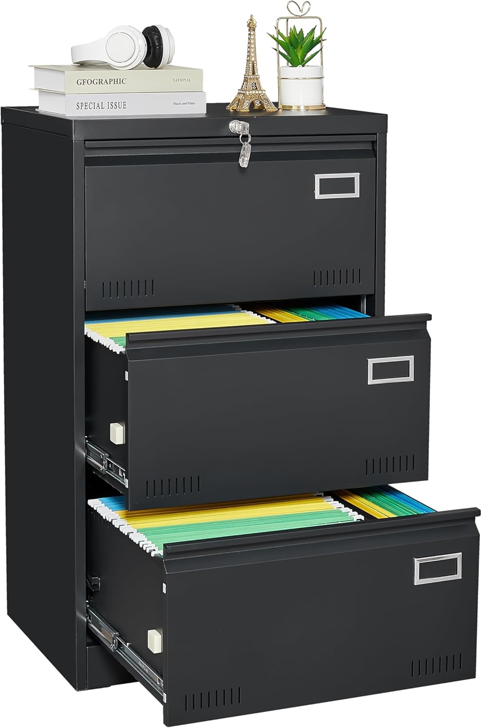 Black 3 Drawer Metal Lateral File Cabinet V964
