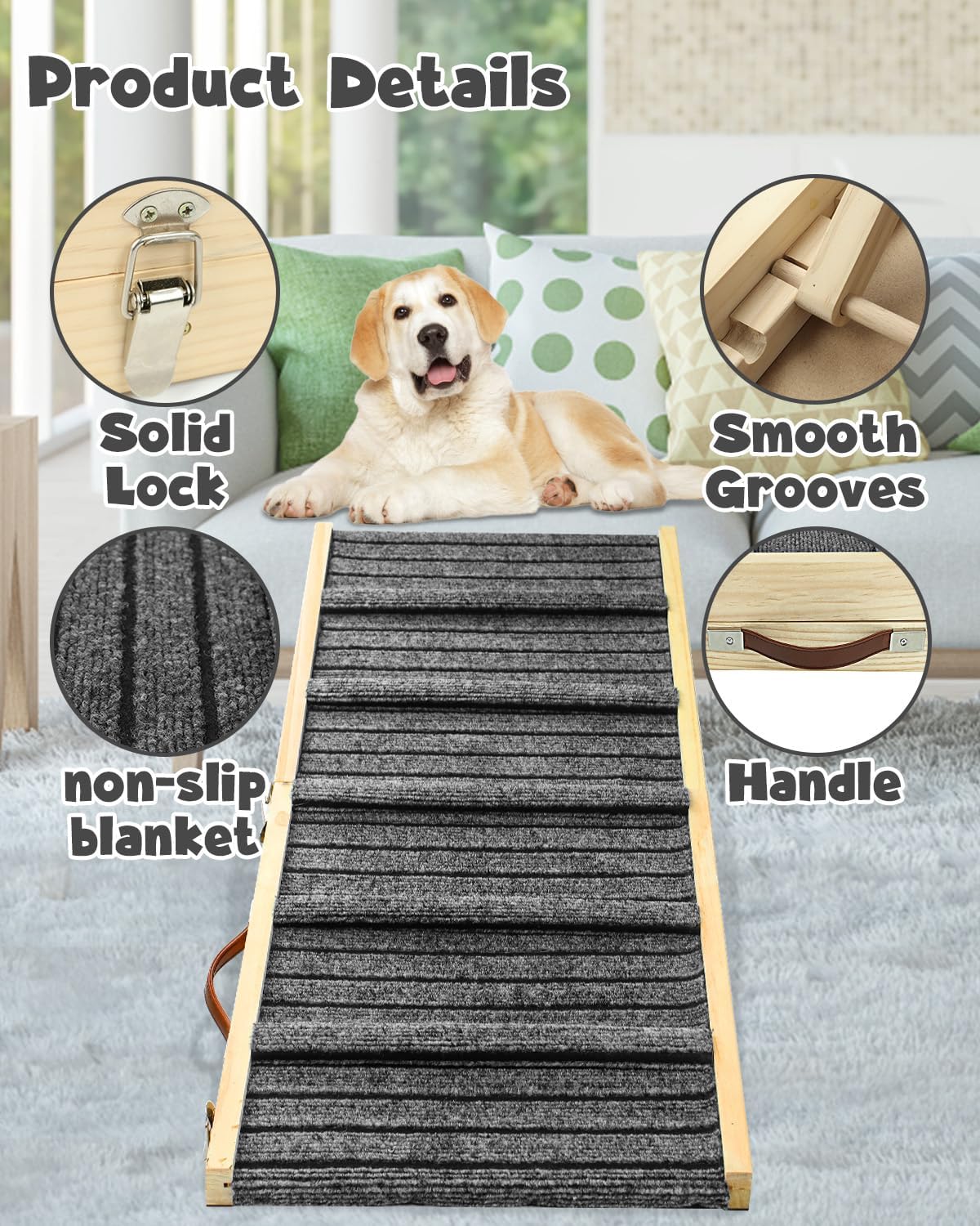 47.2" Long Wooden Folding Pet Ramp with Non-Slip Traction Mat (Grey) C343741