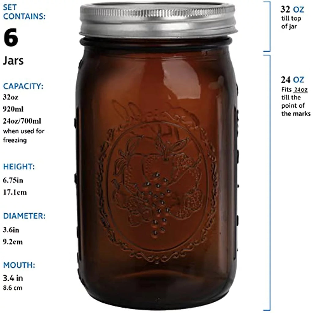 4 Pack 32Oz Amber Wide Mouth Glass Mason Jars with Airtight Lids and Bands N2890
