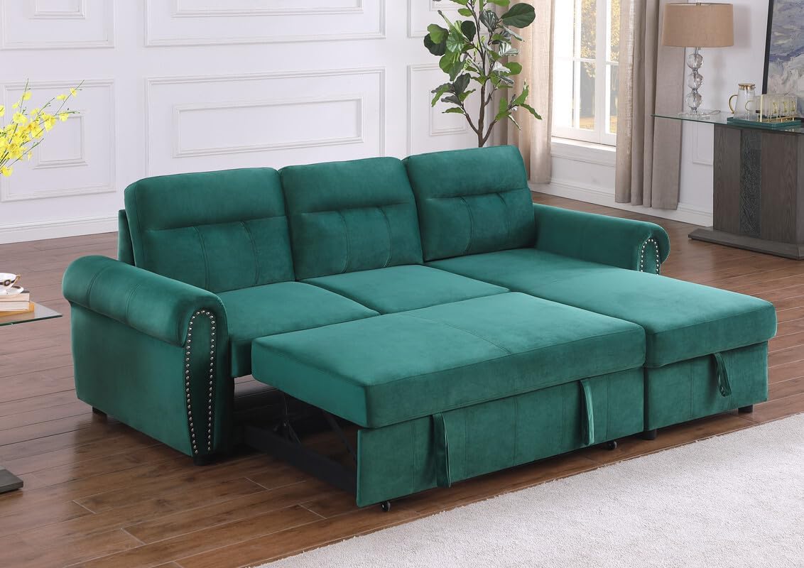Green Velvet L Shaped Sleeper Sectional Sofa with Storage Chaise O23823
