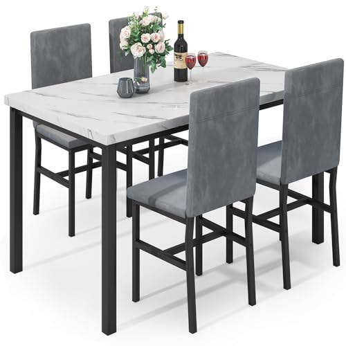 Dining Table Set for 4 with Faux Marble Tabletop and 4 PU Leather Chairs J936