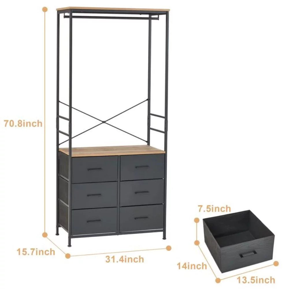 Freestanding Clothing Rack with Hanging Rod and 6 Drawer Wooden Wardrobe Armoire Y7027