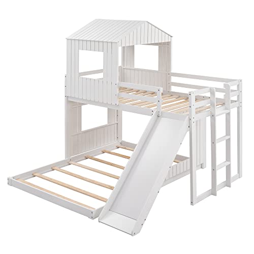 White Twin Over Full Size Wooden Bunk Beds with Slide J48714