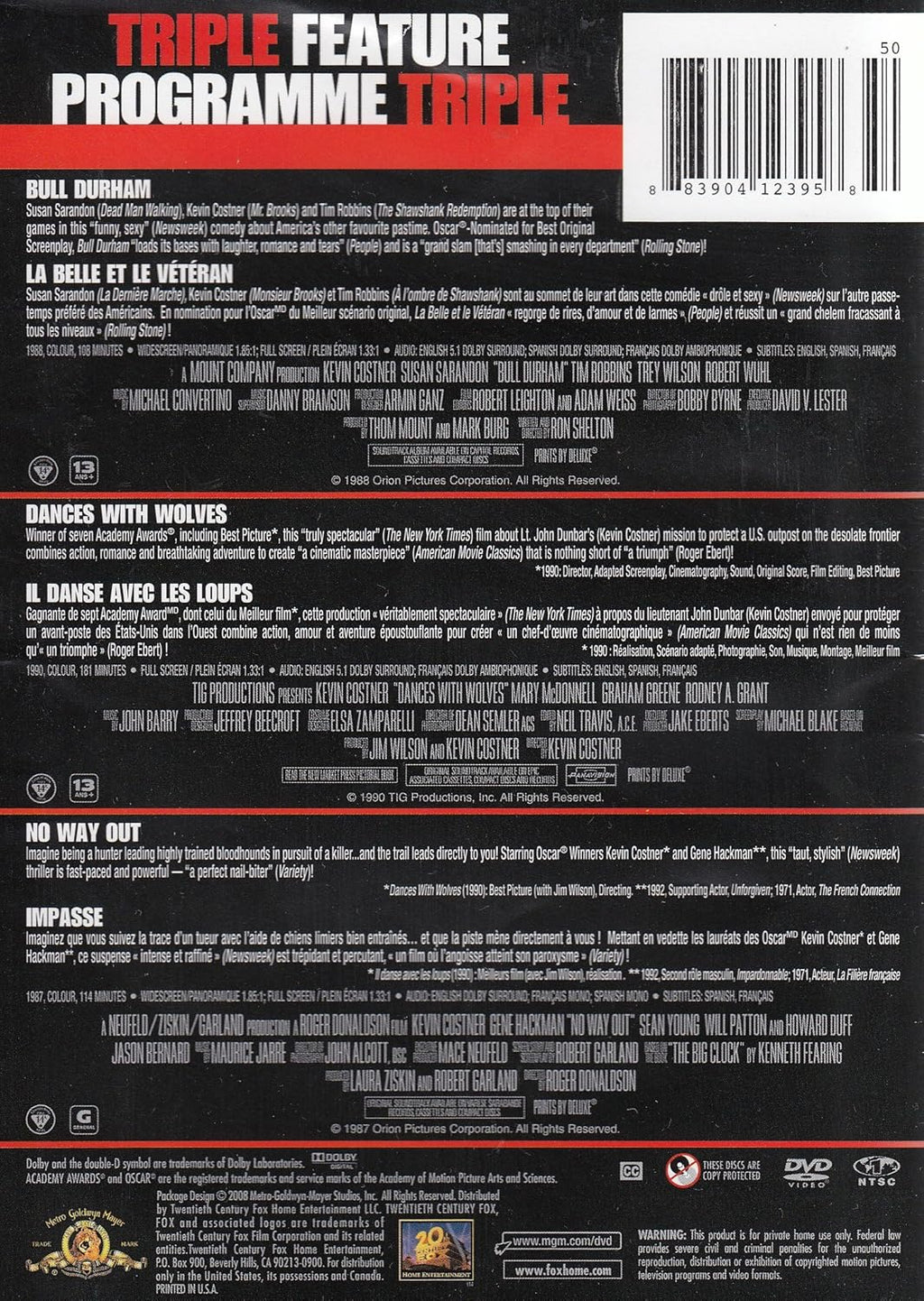 Triple Feature: Bull Durham / Dances with Wolves / No Way Out M20096