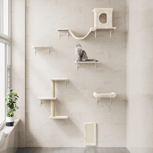 Gray 7 Pcs Cat Wall Shelves with House, Tunnel, Bridge, Steps, Scratcher, Hammock, Bed P73120
