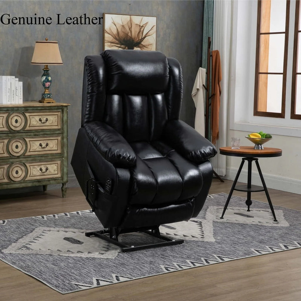Oversized Black Leather Power Lift Recliner Chair with 8-Point Vibration Massage Lumbar Heating F854