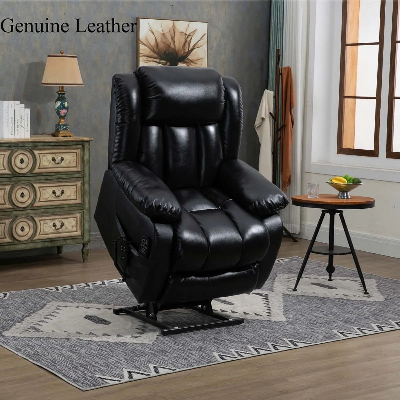 Oversized Black Leather Power Lift Recliner Chair with 8-Point Vibration Massage Lumbar Heating F854