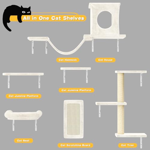 Gray 7 Pcs Cat Wall Shelves with House, Tunnel, Bridge, Steps, Scratcher, Hammock, Bed P73120