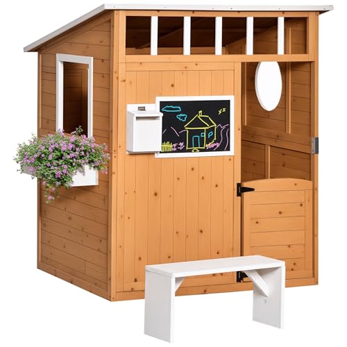 Wooden Playhouse with Working Door, Windows, Mailbox, Bench, Flowers Pot Holder, 48" x 42.5" x 53" Q180