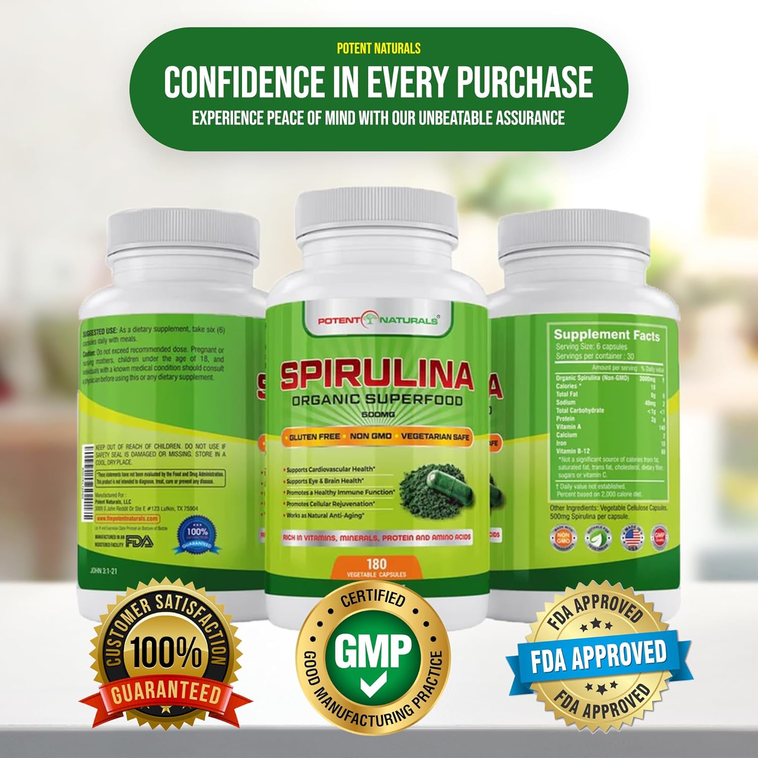 Organic Spirulina 3000mg Dietary Supplement, 180 Capsules D1389