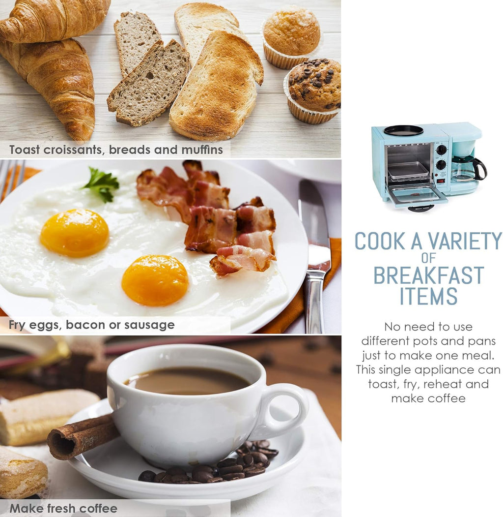 Aqua 3-in-1 Breakfast Maker Station with 4 Cup Coffeemaker and Toaster Oven E278