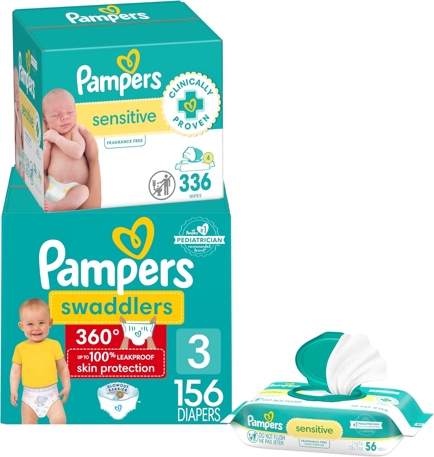 Size 3 Pull-On Diapers, 156 Count, with 336 Baby Wipes N1629
