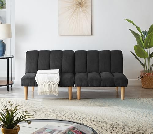 Blue Corduroy Convertible Futon Sofa Bed with Wooden Legs U254