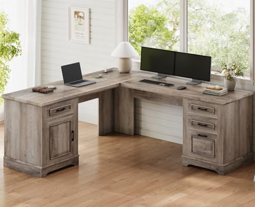 White L Shaped Desk with File Drawer and Power Outlet C50752