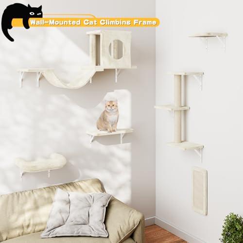 Gray 7 Pcs Cat Wall Shelves with House, Tunnel, Bridge, Steps, Scratcher, Hammock, Bed P73120