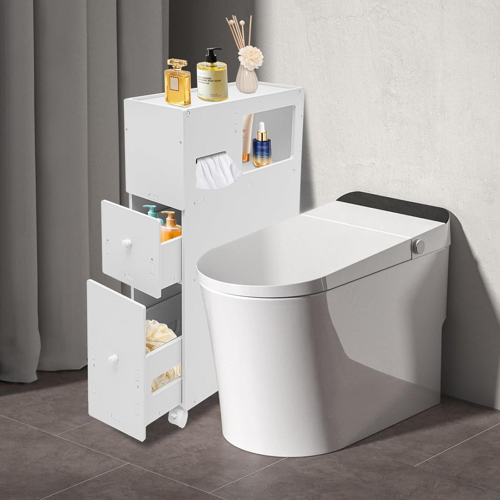 White Slim Rolling Bathroom Storage Cabinet K967886