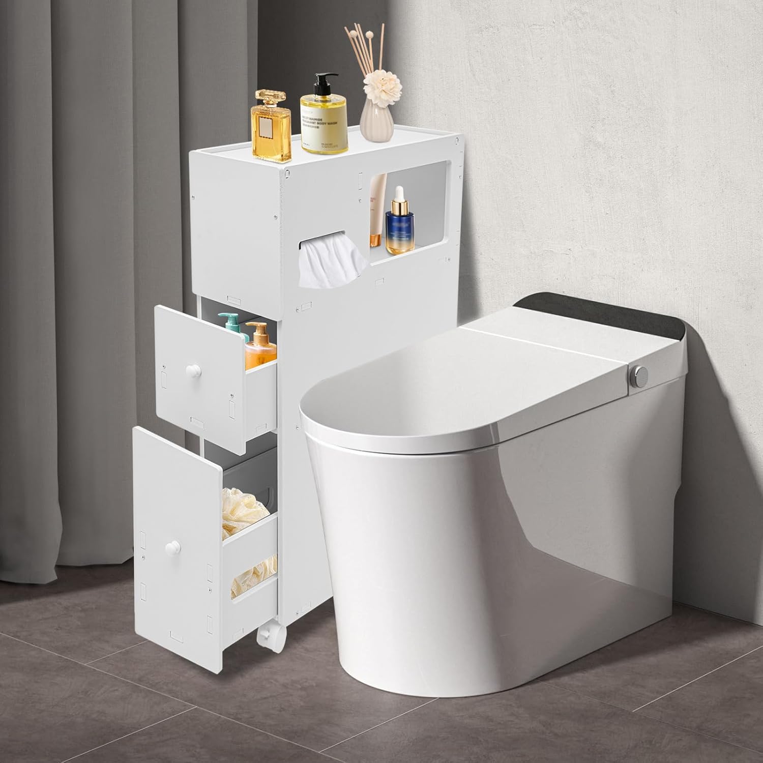 White Slim Rolling Bathroom Storage Cabinet K967886