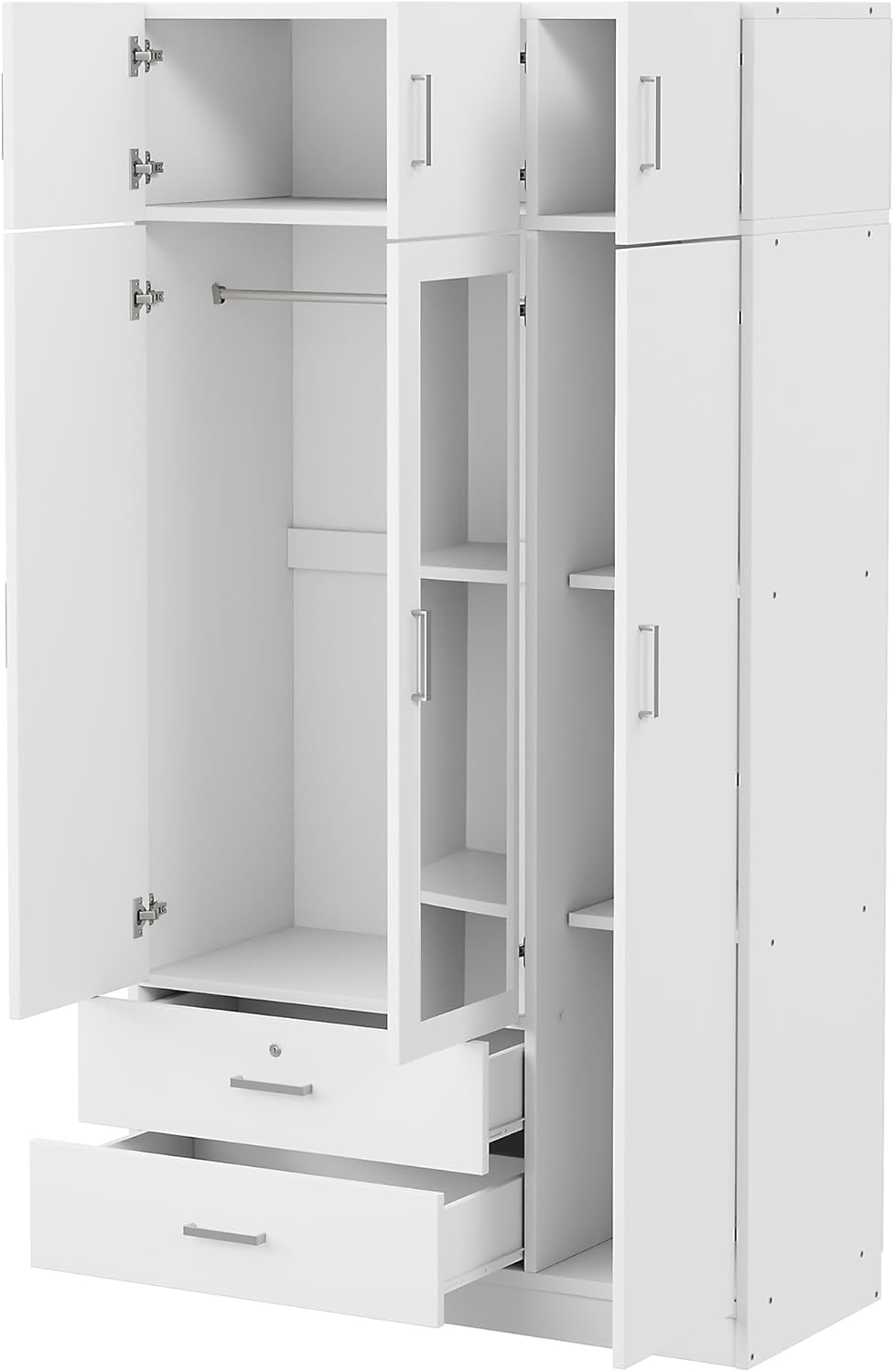 White 3-Door Mirror Wardrobe Closet with 2 Drawers F5635