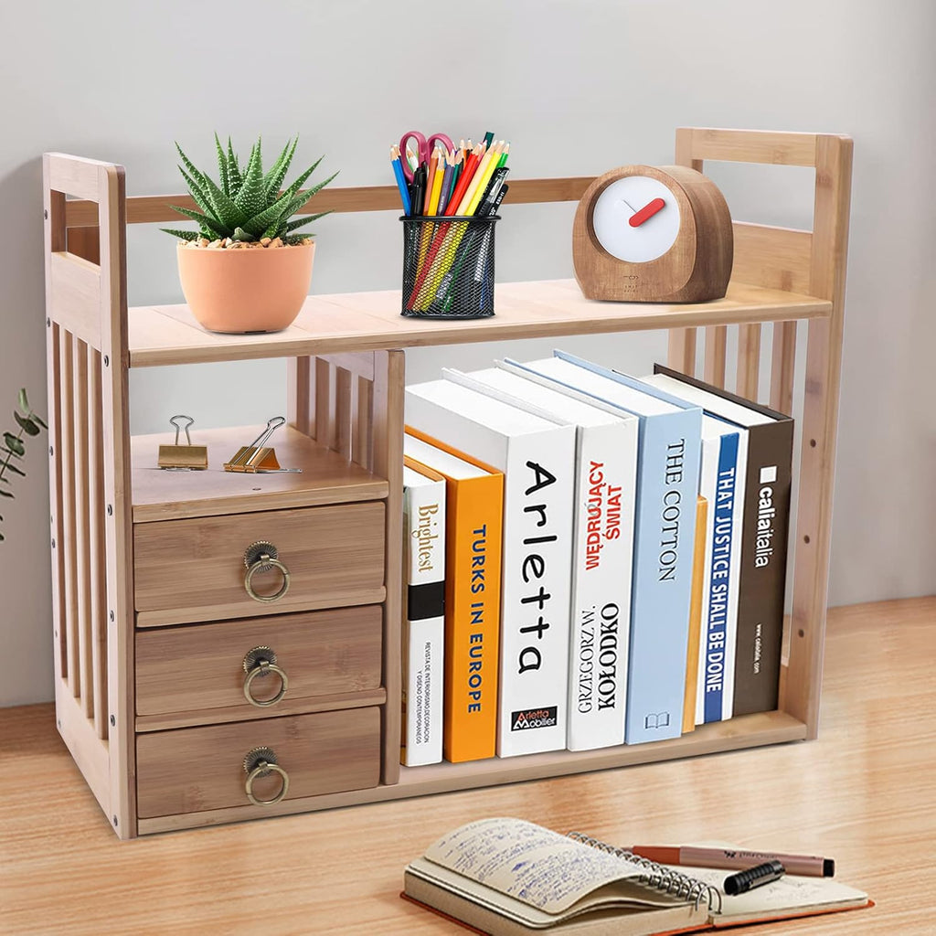 Natural Bamboo Desk Shelf Organizer with 3 Drawers F1705