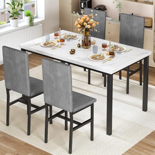 Dining Table Set for 4 with Faux Marble Tabletop and 4 PU Leather Chairs J936