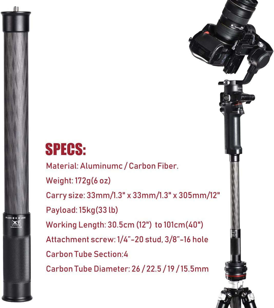 4 Section Carbon Fiber Extension Pole with 1/4 Screw Mount J347391