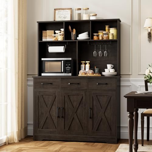 Rustic Brown Buffet Cabinet with Hutch and 3 Drawers M90701