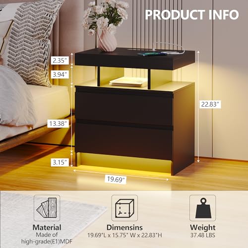 Black Nightstand with Drawers and Wireless Charging Station A2405