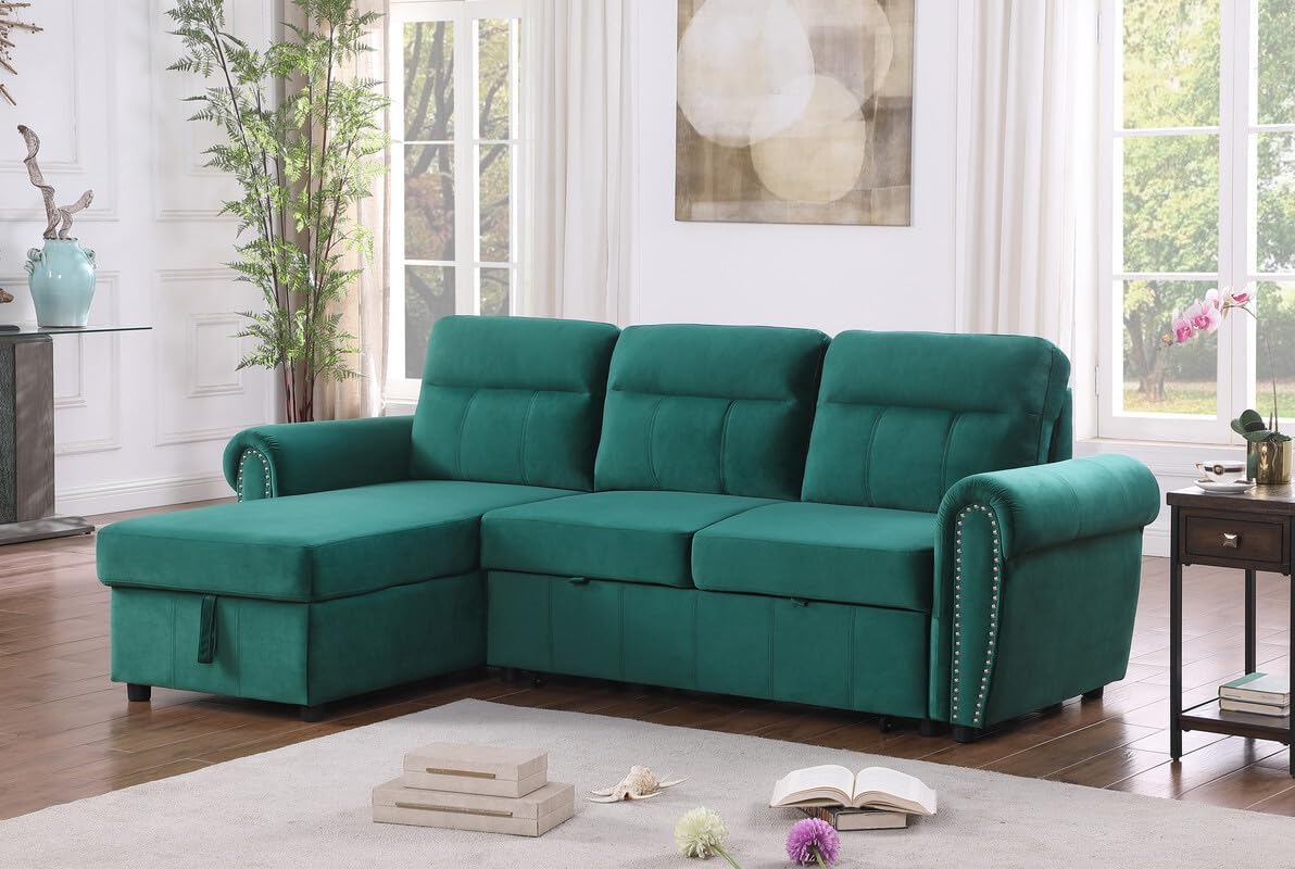 Green Velvet L Shaped Sleeper Sectional Sofa with Storage Chaise O23823