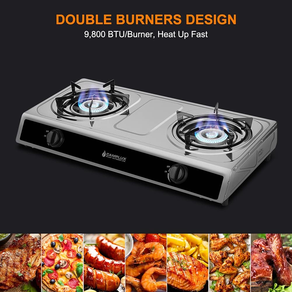 Stainless Steel 2 Burner Camping Stove with Auto Ignition R7199
