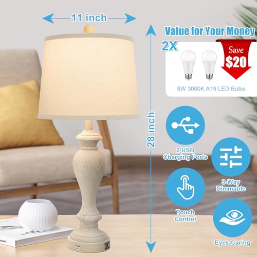 Set of 2 White Fabric Shade Table Lamps with 2 USB Ports, 3-Way Dimmable, 7W LED Bulbs H606575