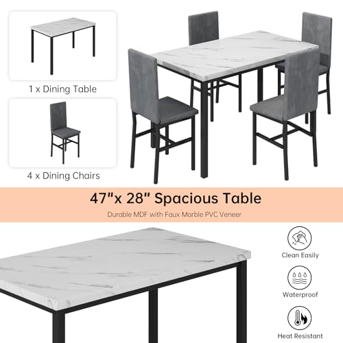 Dining Table Set for 4 with Faux Marble Tabletop and 4 PU Leather Chairs J936