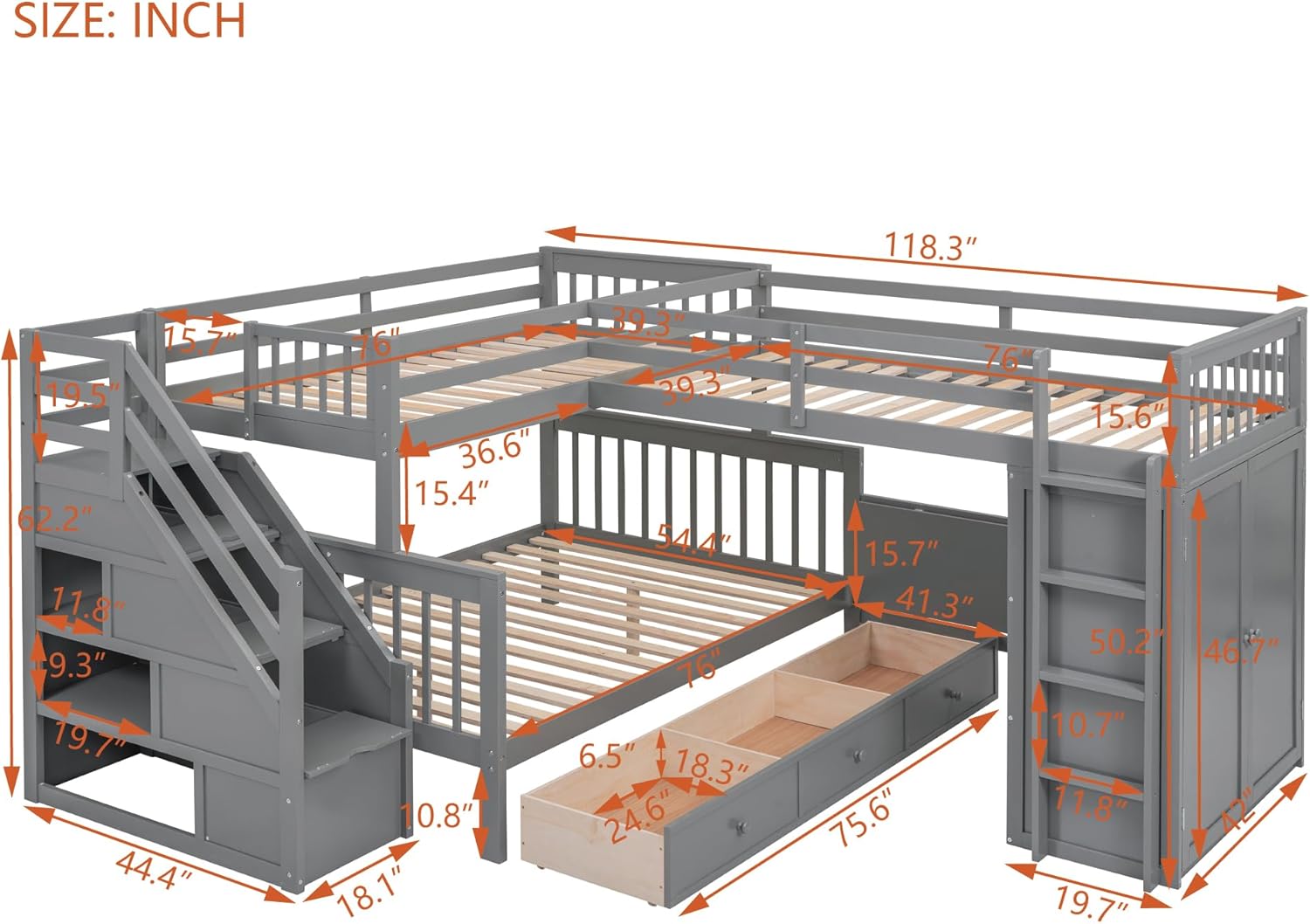 Gray Wooden Triple Bunk Bed with Desk, Storage Drawers, Stairs and Wardrobe B4761