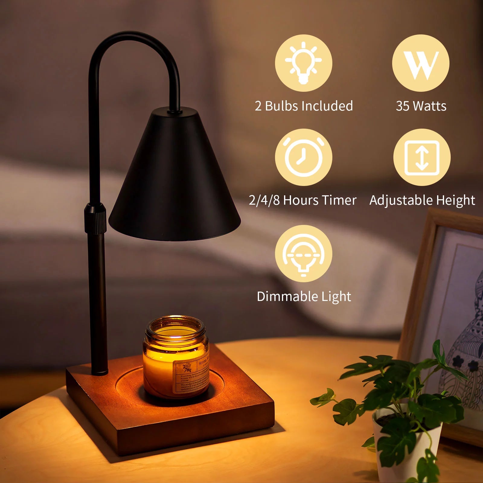 Black Walnut Electric Candle Warmer with Adjustable Height Dimmable Light 2 Bulbs F6143