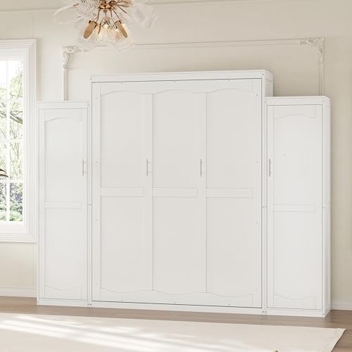 White Queen Size Foldable Platform Bed with 2 Wardrobe and Storage Shelf D68894