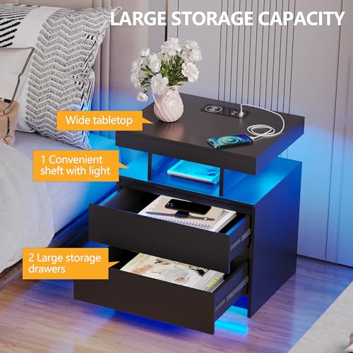 Black Nightstand with Drawers and Wireless Charging Station A2405