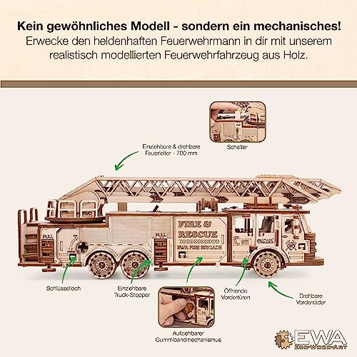 3D Wooden Puzzle Fire Truck Mechanical Model Kit with Wind Up Mechanism, 439 Pieces R585254
