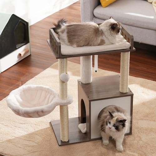 Rustic Brown Wooden Cat Tree with 3 Scratching Posts U357297
