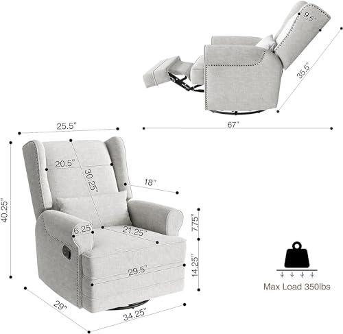 Beige Swivel Nursery Glider Recliner with Lumbar Pillow and Footrest K5166