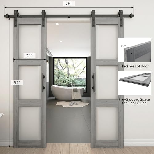 White 3-Panel Frosted Glass Solid Wood Barn Door with Sliding Door Hardware Kit O102254