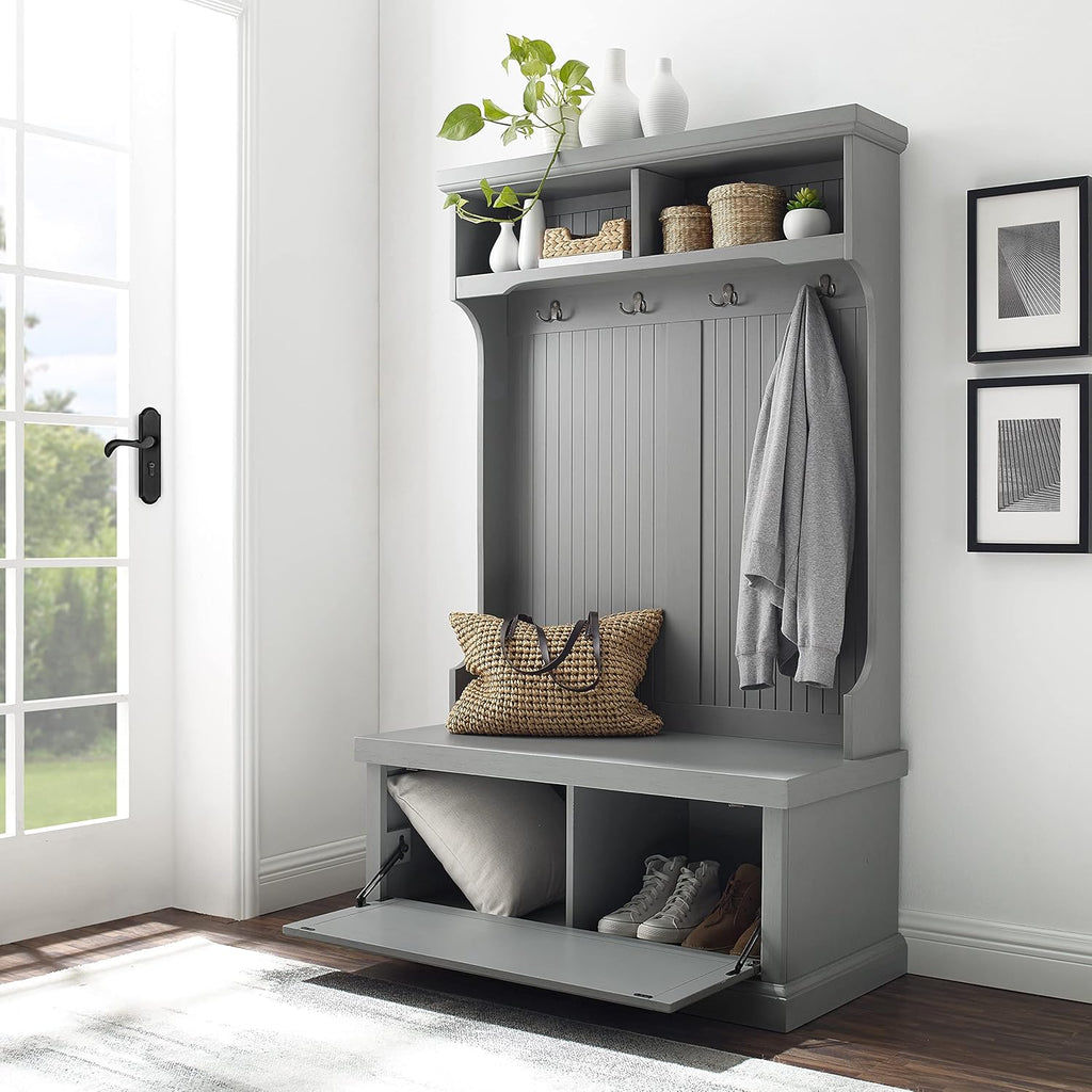 Distressed Gray Hall Tree with Coat Rack and Shoe Cabinet L780441