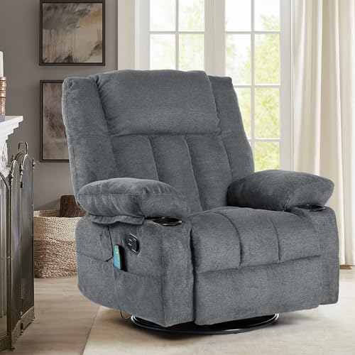 Recliner Chair Massage Fabric Recliners with Heated, 360 Degree Swivel Single Sofa with Cup Holders and Side Pockets Rocking Chair T54270