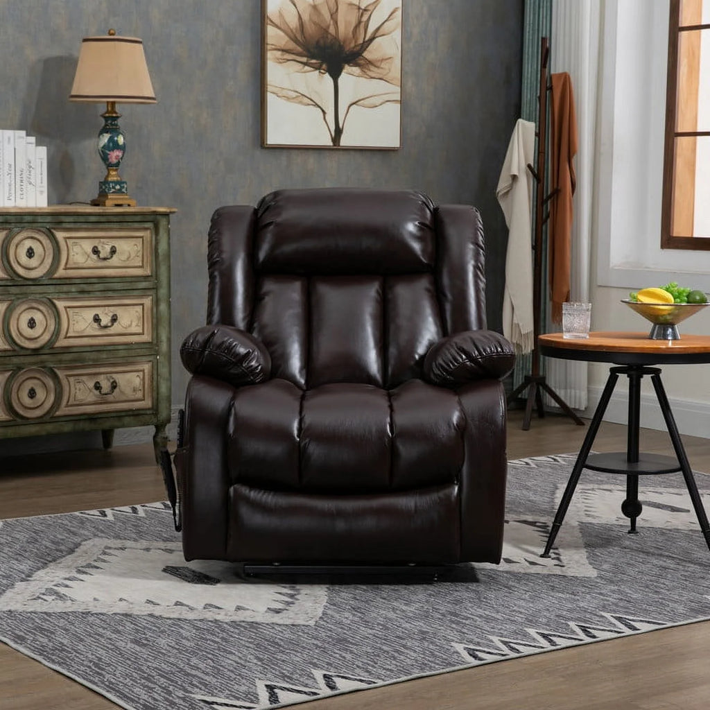 Deep Brown Leather Power Lift Recliner Chair with 8-Point Vibration Massage Lumbar Heating J898624