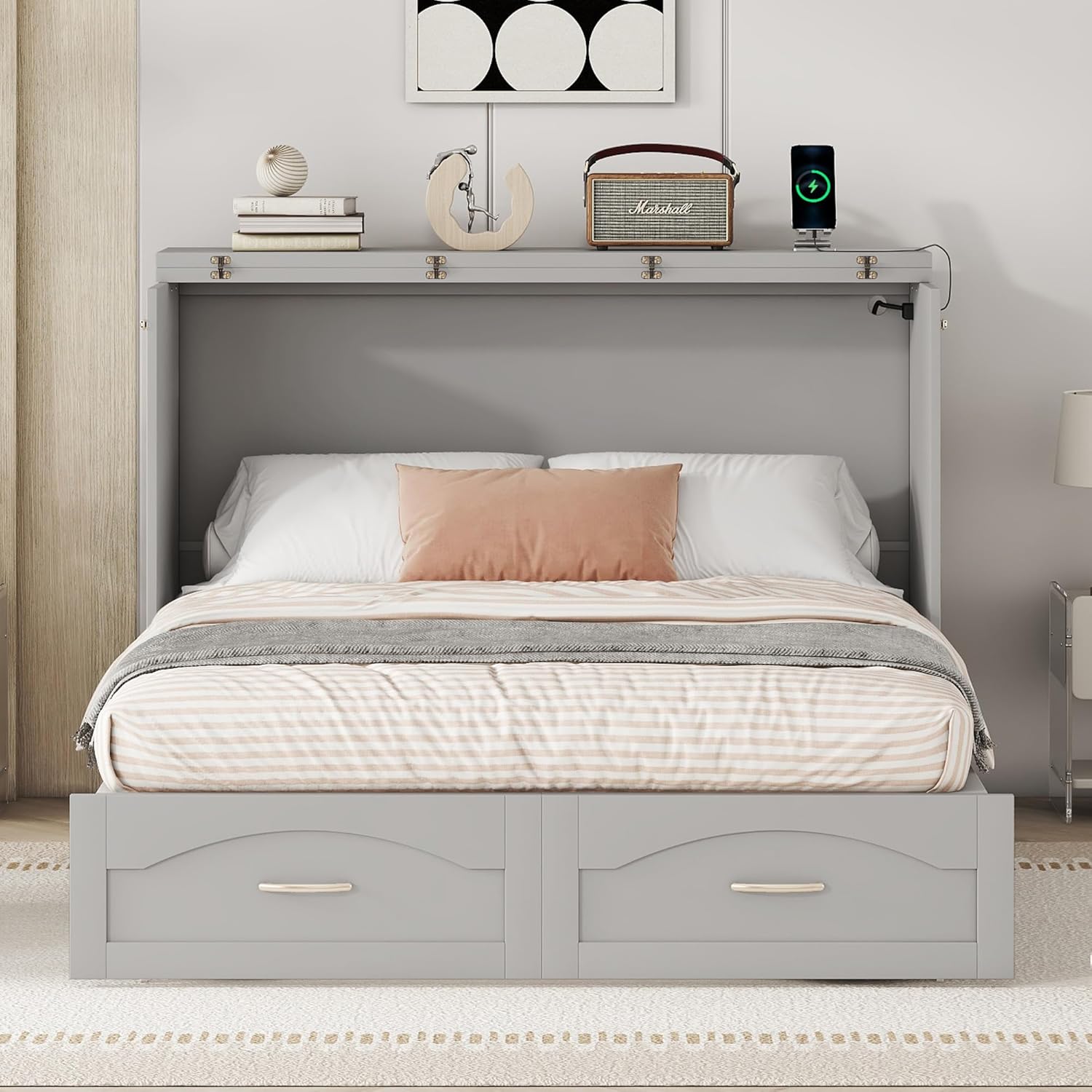 Gray Full Size Murphy Cabinet Bed with Built-in Charging Station H1161